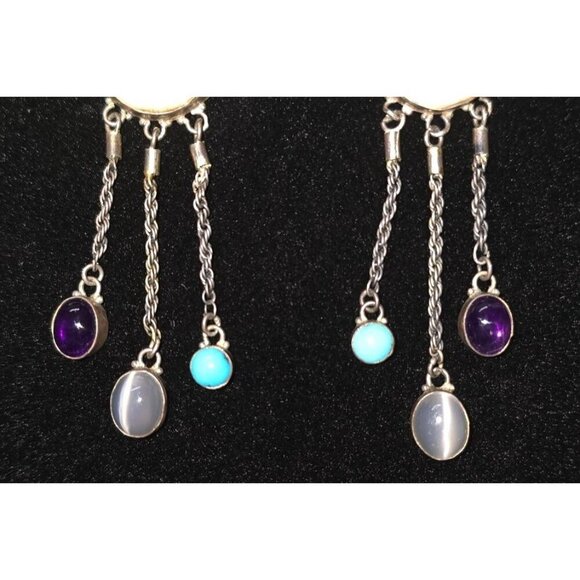 Carved Moon Face Sajen Dangle 925 Earrings Amethyst Turquoise & Moonstone - Picture 2 of 15